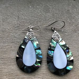 Teardrop shape earrings, Sterling trim Black and iridescent shell